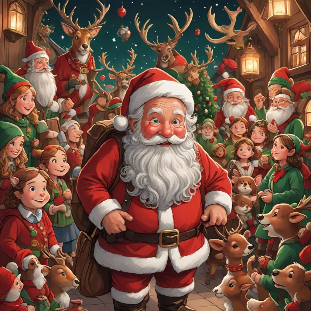 a santa claus is surrounded by reindeers and elves in a christmas scene with a christmas tree and a house, a storybook illustration, Ernest William Christmas, naive art, highly detailed digital painting
