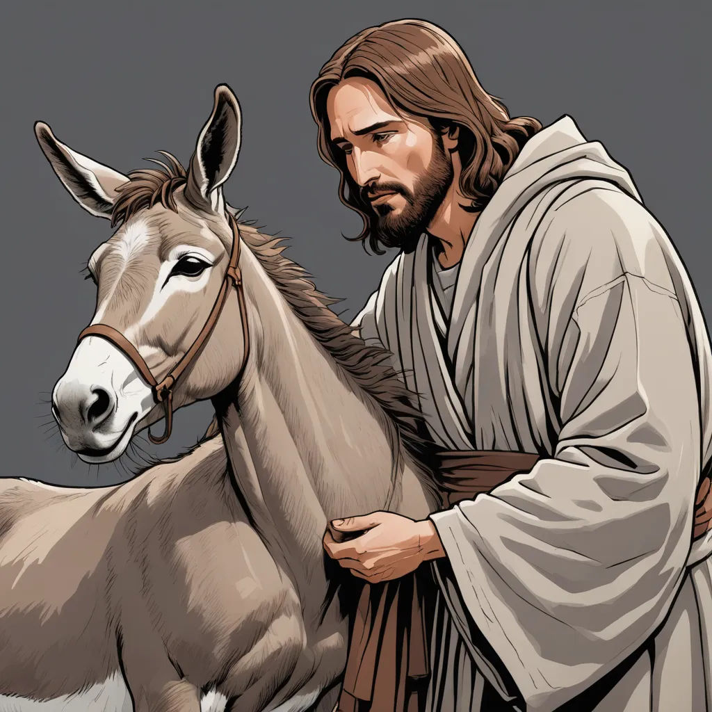 a man with a beard and a donkey in front of him, with a donkey in front of him, figurative art, a storybook illustration, F Scott Hess, western comic book art