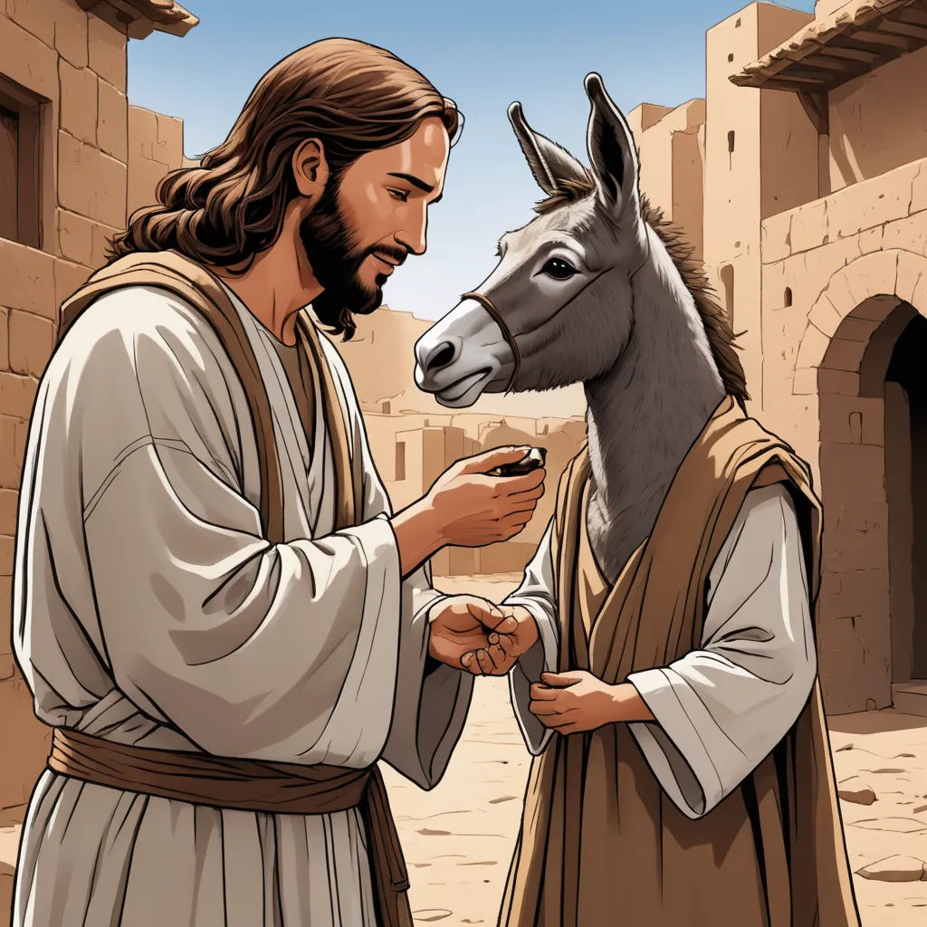 a donkey and a man in a desert town are shown in this cartoon image, the donkey is looking at the man's hand, figurativism, a storybook illustration, F Scott Hess, furaffinity