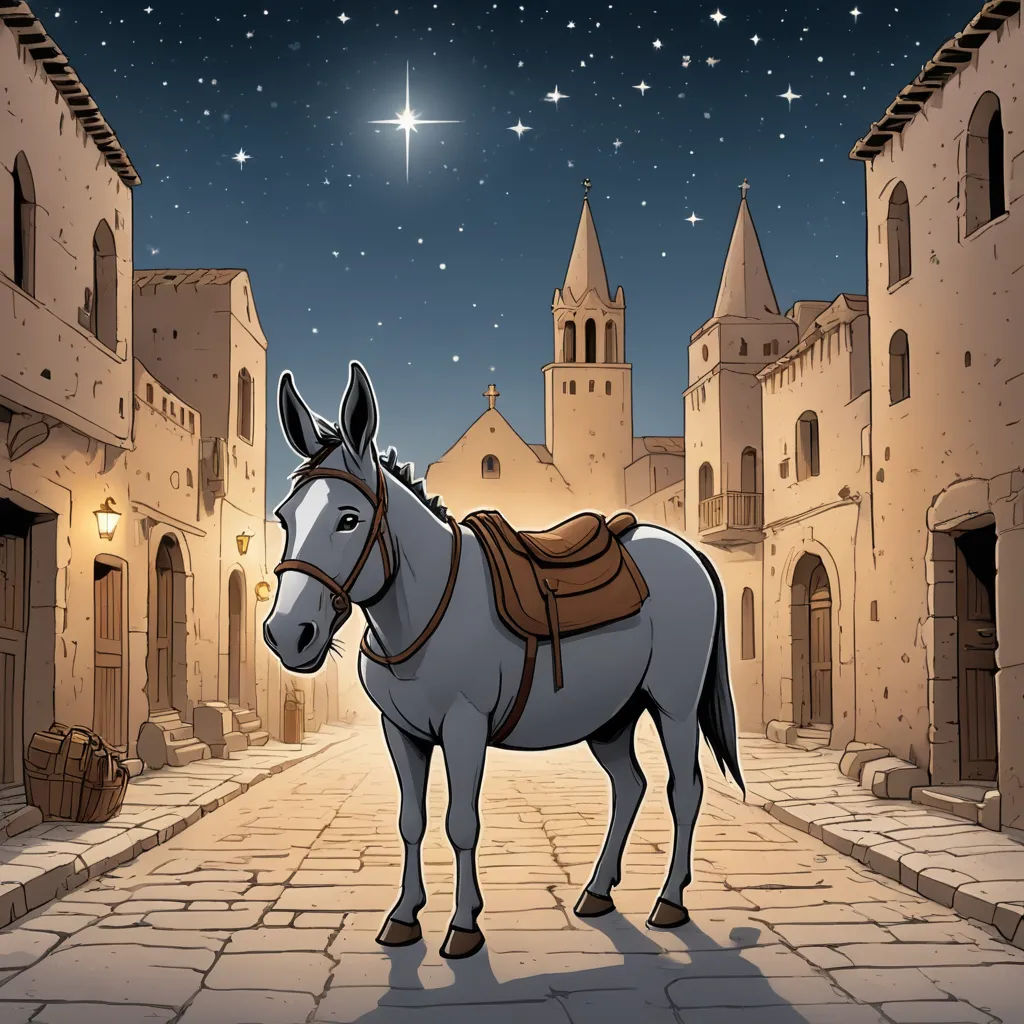 a horse standing in a street with a star in the sky above it and a building with a clock on it, magical realism, a storybook illustration, Florence Engelbach, storybook illustration
