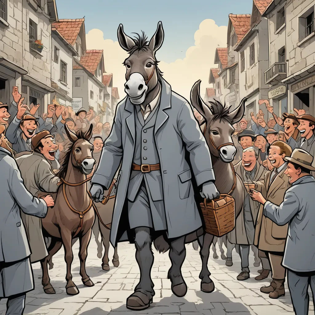 a man in a suit and a donkey in a crowd of people in a street with buildings and a crowd of people, viennese actionism, a storybook illustration, Edward Sorel, storybook illustration