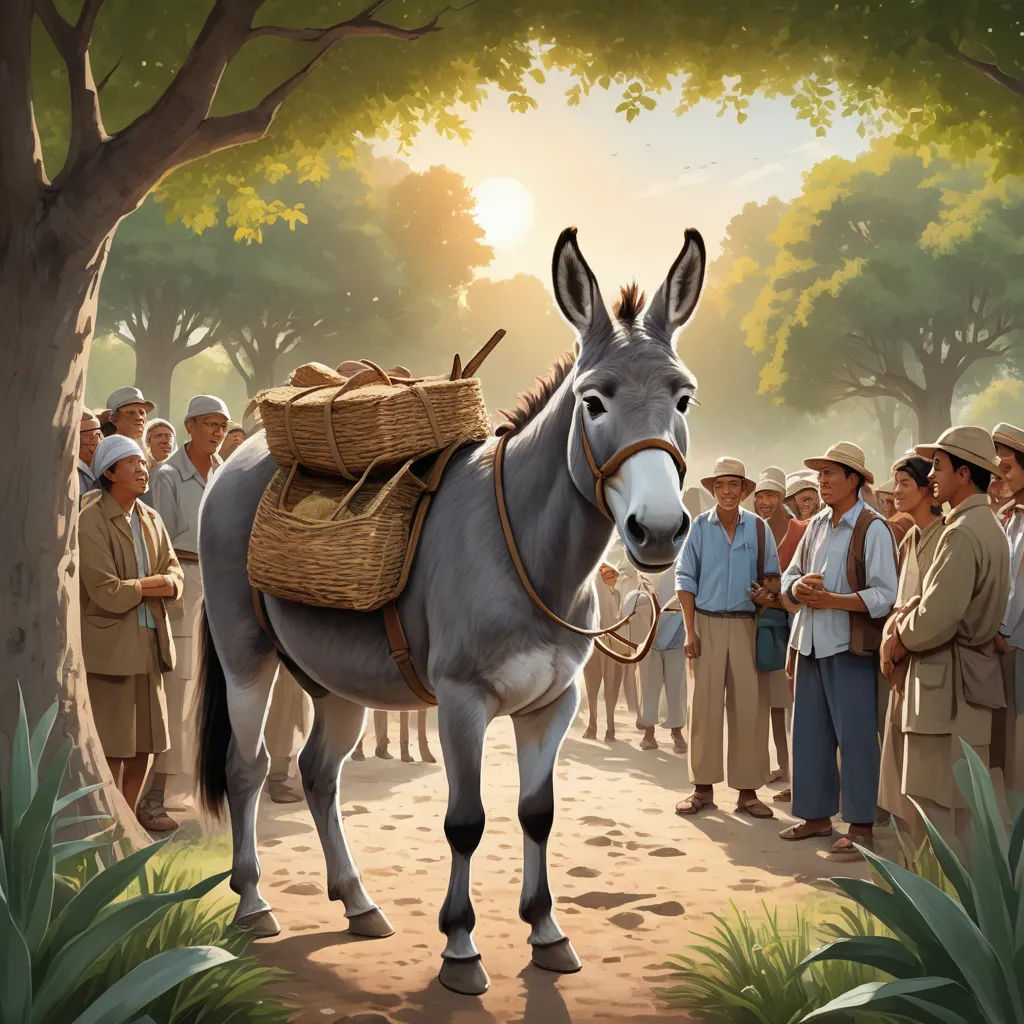 a donkey with a basket on its back standing in front of a crowd of people in a forest with trees, socialist realism, a storybook illustration, Fernando Botero, storybook illustration
