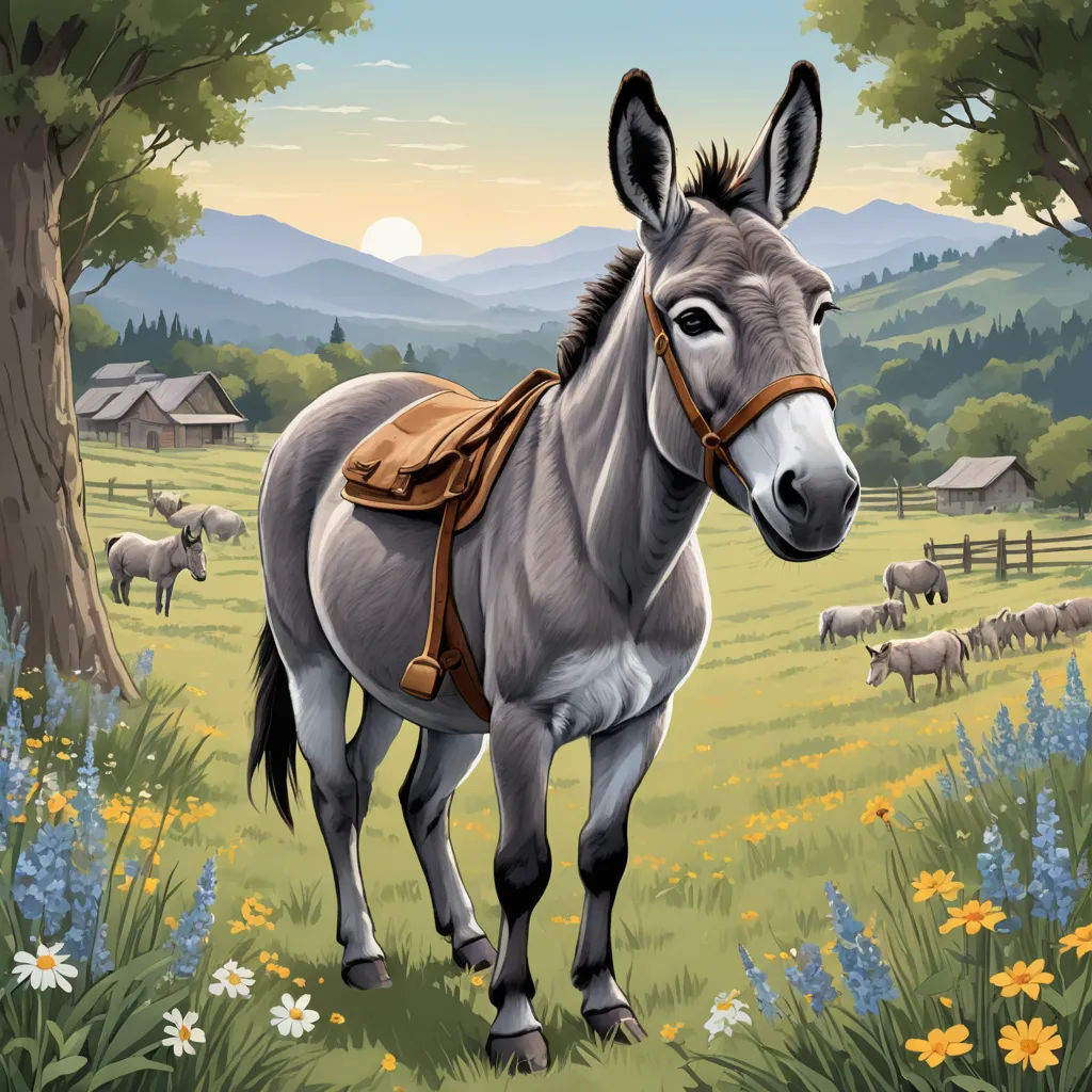 a donkey standing in a field with a mountain view in the background and flowers in the foreground, and a few cows in the background, american scene painting, a storybook illustration, Chris LaBrooy, highly detailed digital painting