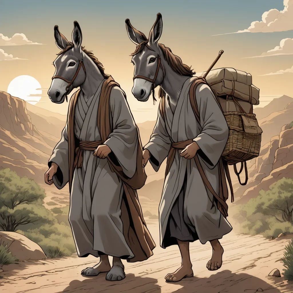 two donkeys with a man carrying a basket on their backs walking down a path in the desert with mountains in the background, incoherents, a storybook illustration, Brothers Hildebrandt, walton ford