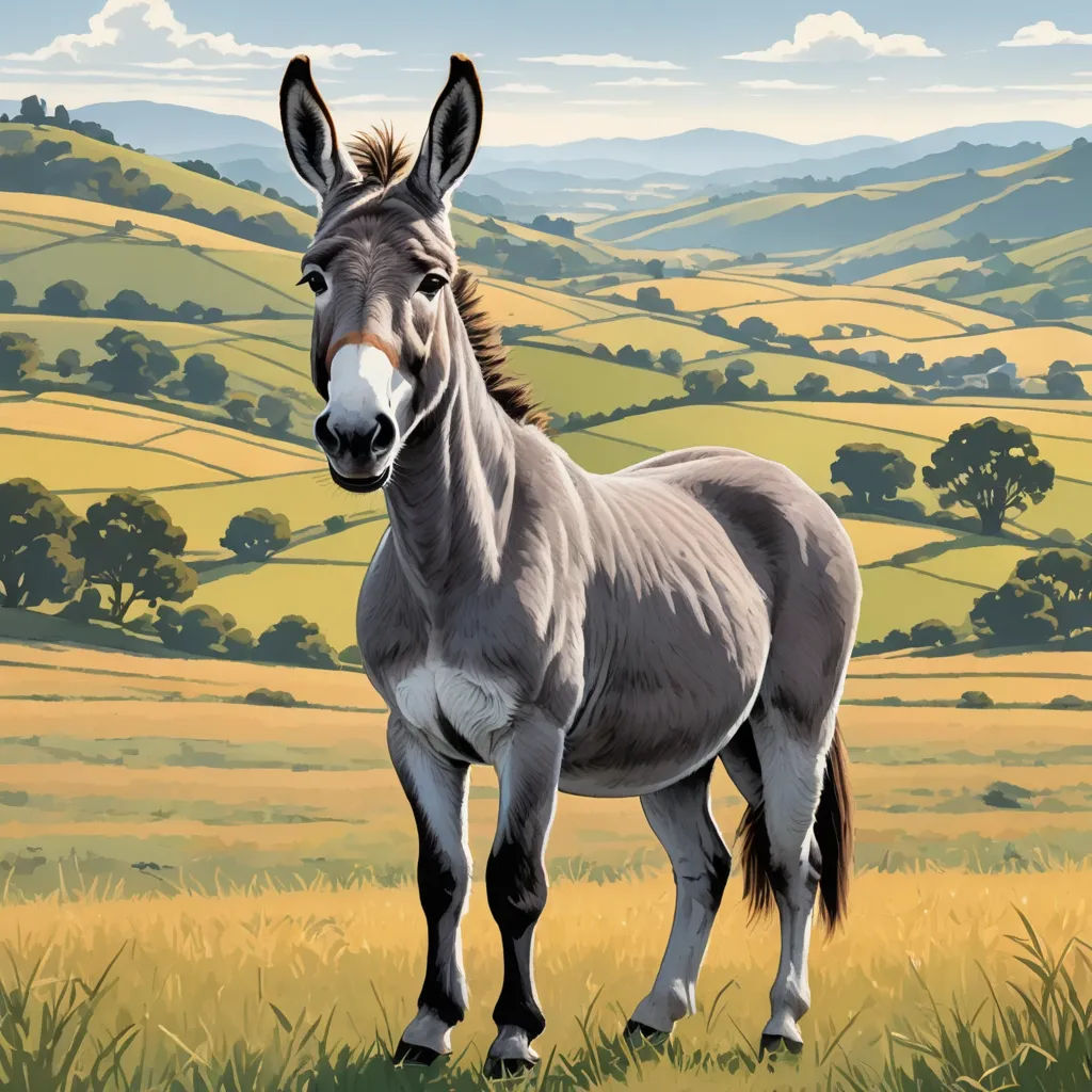 a painting of a donkey standing in a field of grass with hills in the background and clouds in the sky, american scene painting, a detailed matte painting, David Young Cameron, official art