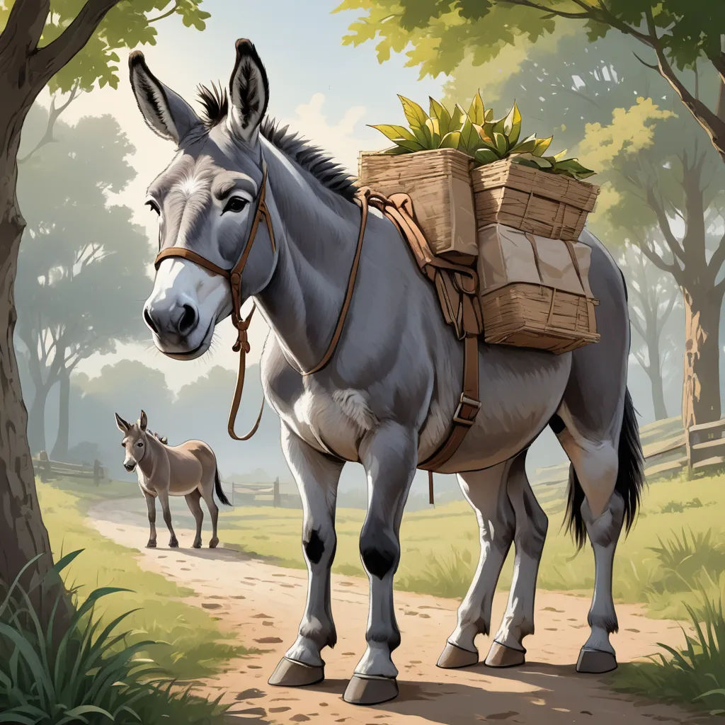 a horse with a basket of plants on its back walking down a path with a donkey in the background, fantasy art, a storybook illustration, Chris LaBrooy, official art