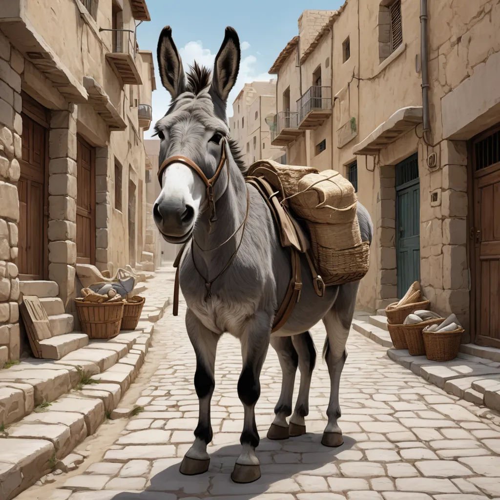 a donkey with a saddle standing on a cobblestone street in a village in the middle of the day, photorealism, a detailed matte painting, Chris LaBrooy, highly detailed digital painting