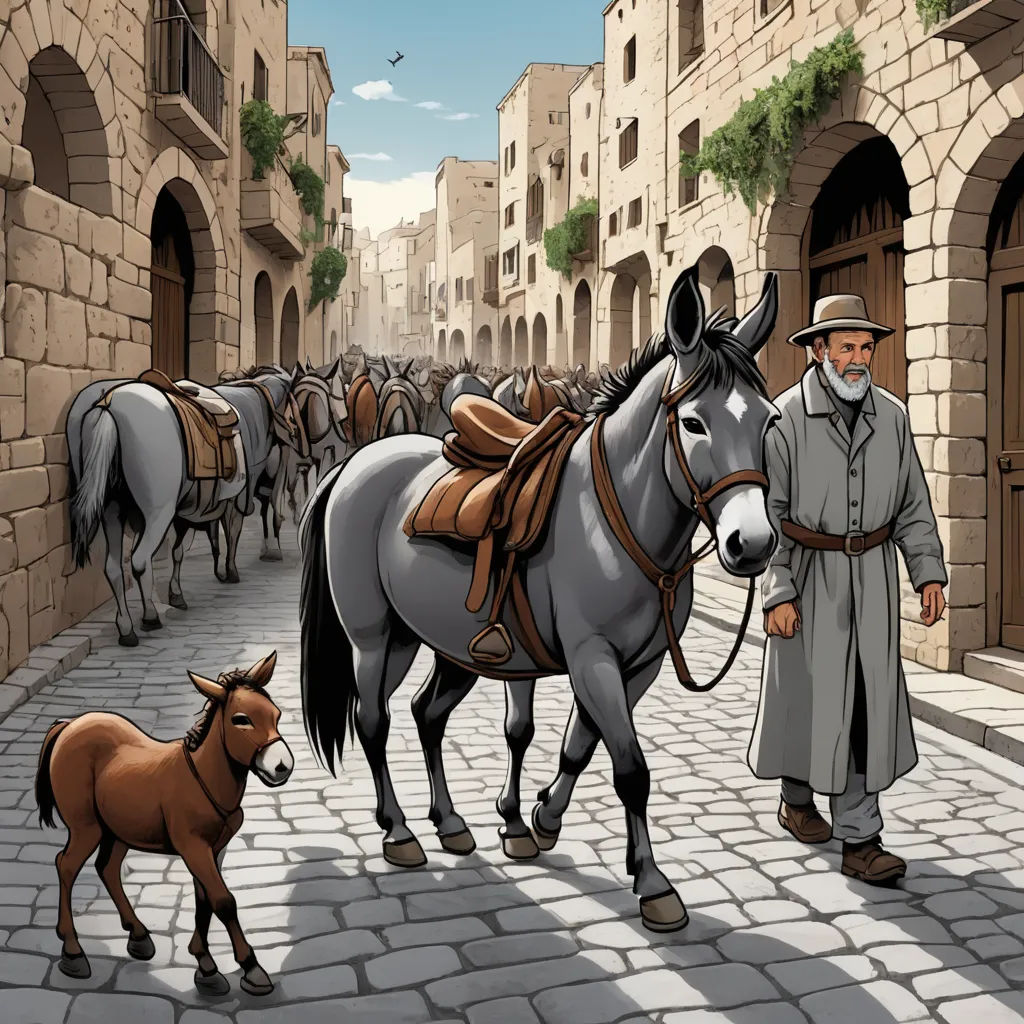 a man leading a horse down a street with a donkey nearby on a cobblestone street lined with buildings, magical realism, a storybook illustration, Asaf Hanuka, storybook illustration
