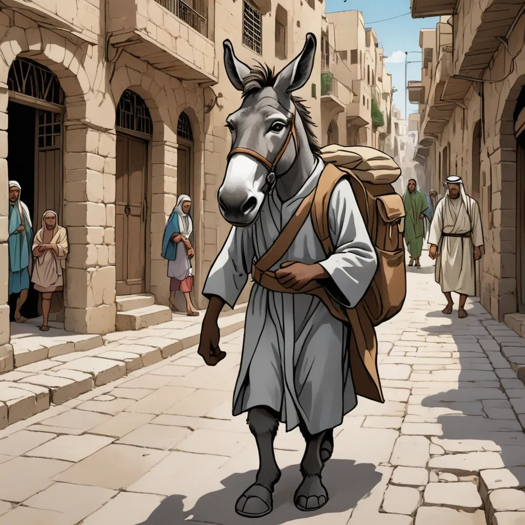 a donkey in a street with a man walking down the street with a backpack on his back and a donkey in the street, furry art, a storybook illustration, Asaf Hanuka, furaffinity