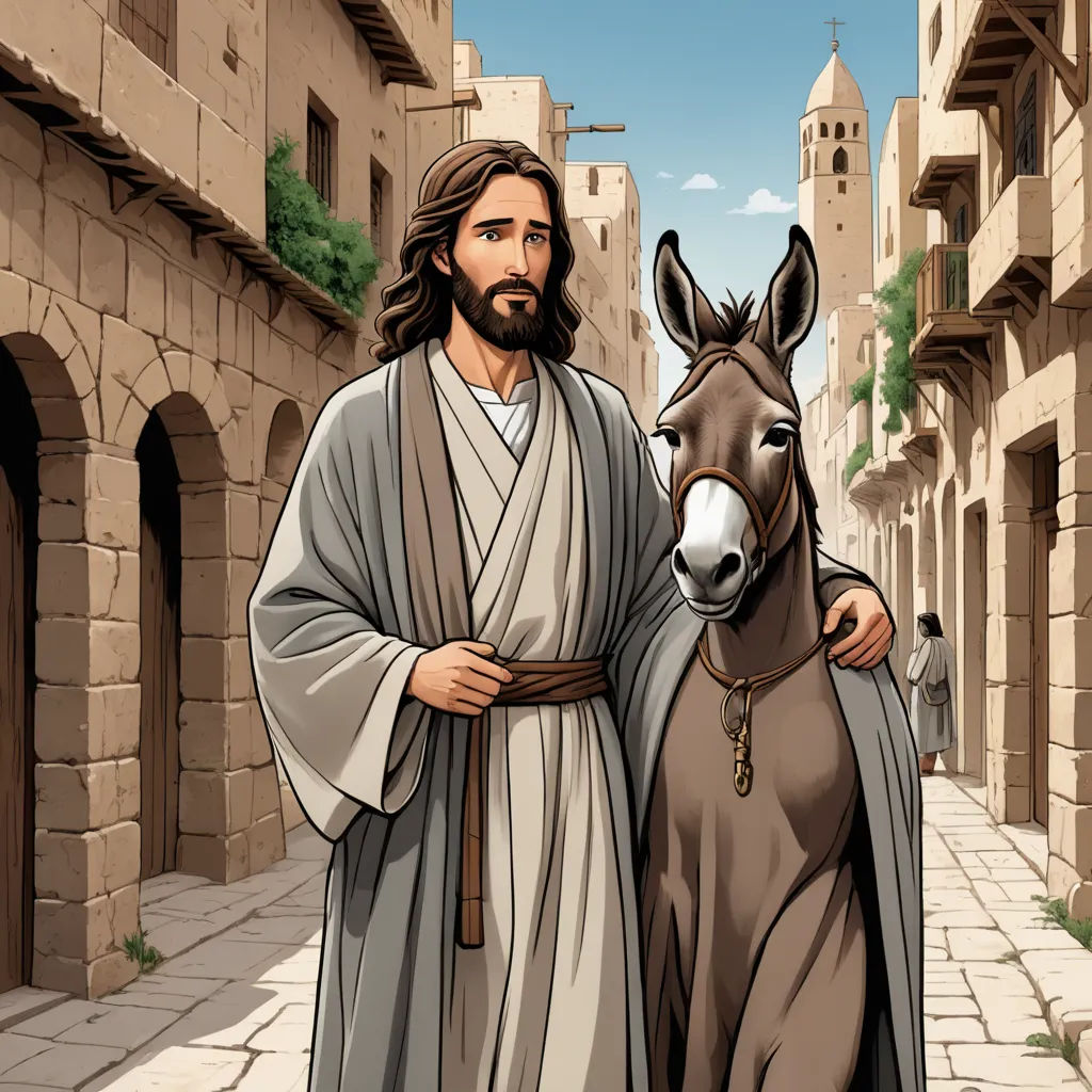 a man in a robe standing next to a donkey in a street with buildings in the background and a donkey in the foreground, naive art, a storybook illustration, F Scott Hess, storybook illustration