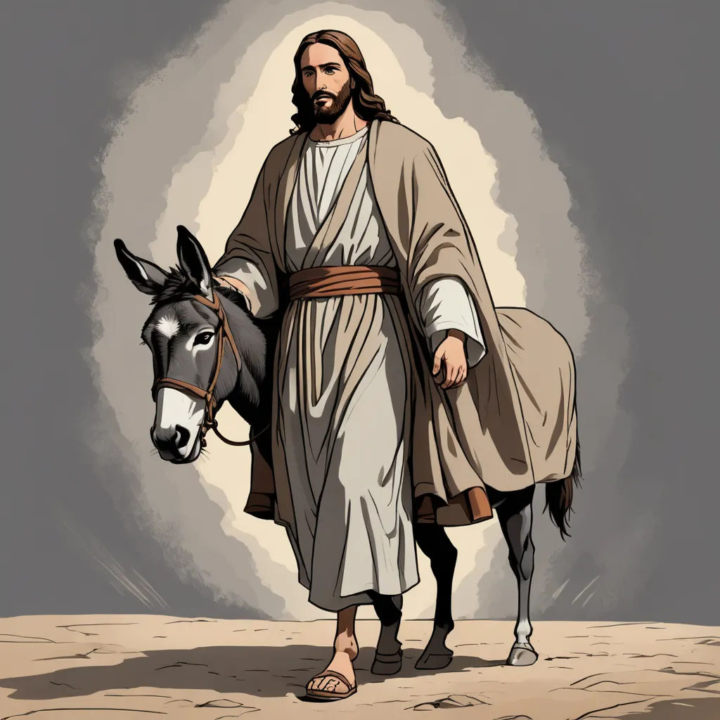 a man in a robe is walking with a donkey in the desert, with a light shining behind him, figurativism, a detailed drawing, Dionisius, trending on art station