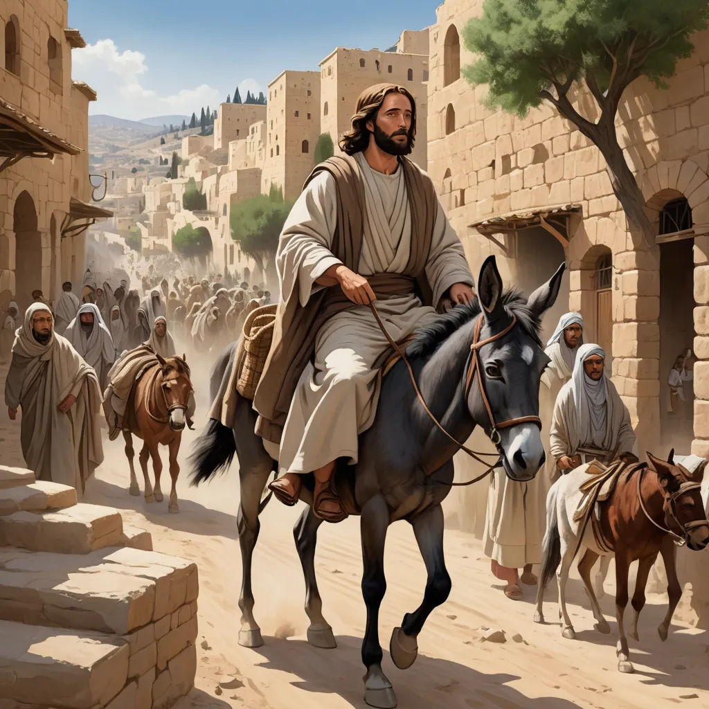 a painting of jesus riding a donkey in the street with other men and donkeys in the background and a man on a donkey, figurative art, a detailed matte painting, Dirck van der Lisse, detailed illustration