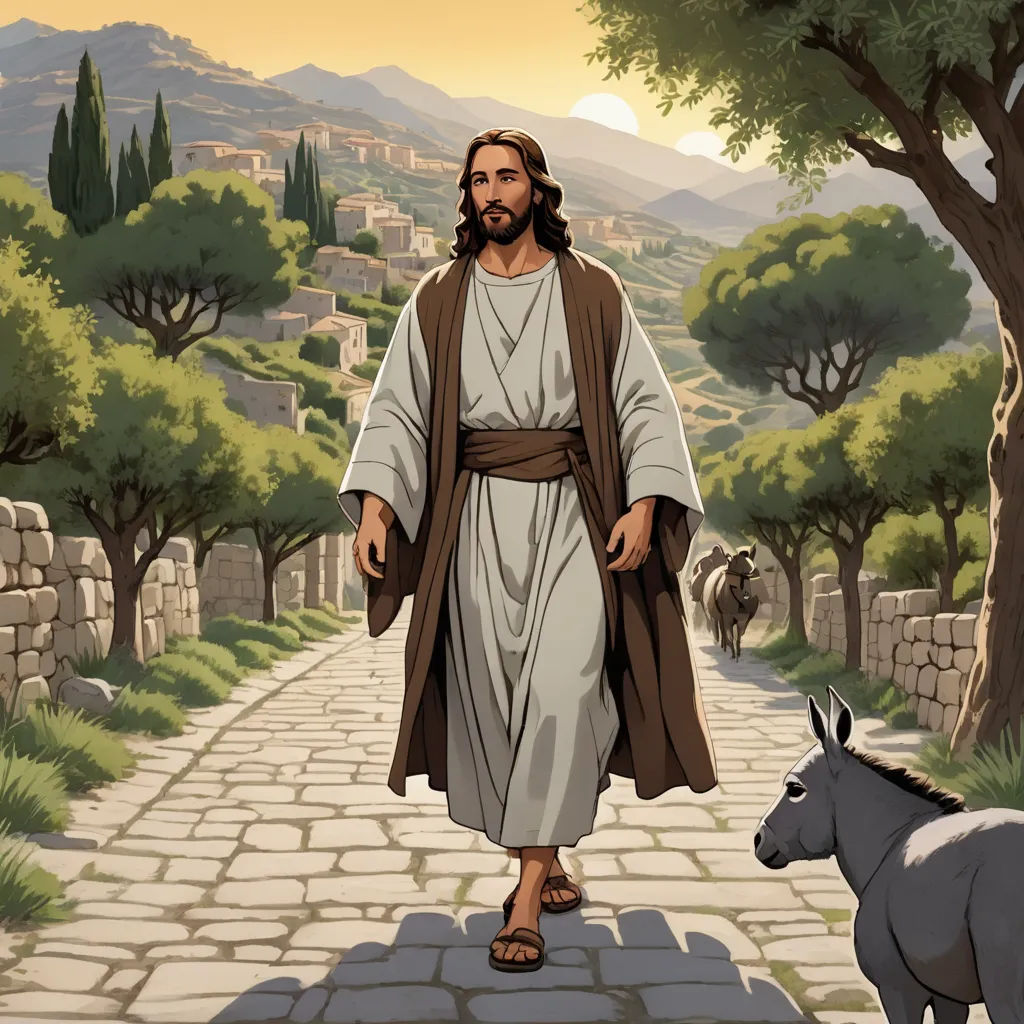 a man in a robe walking down a street with a donkey on the side of the road next to him, figurativism, a storybook illustration, Asaf Hanuka, storybook illustration