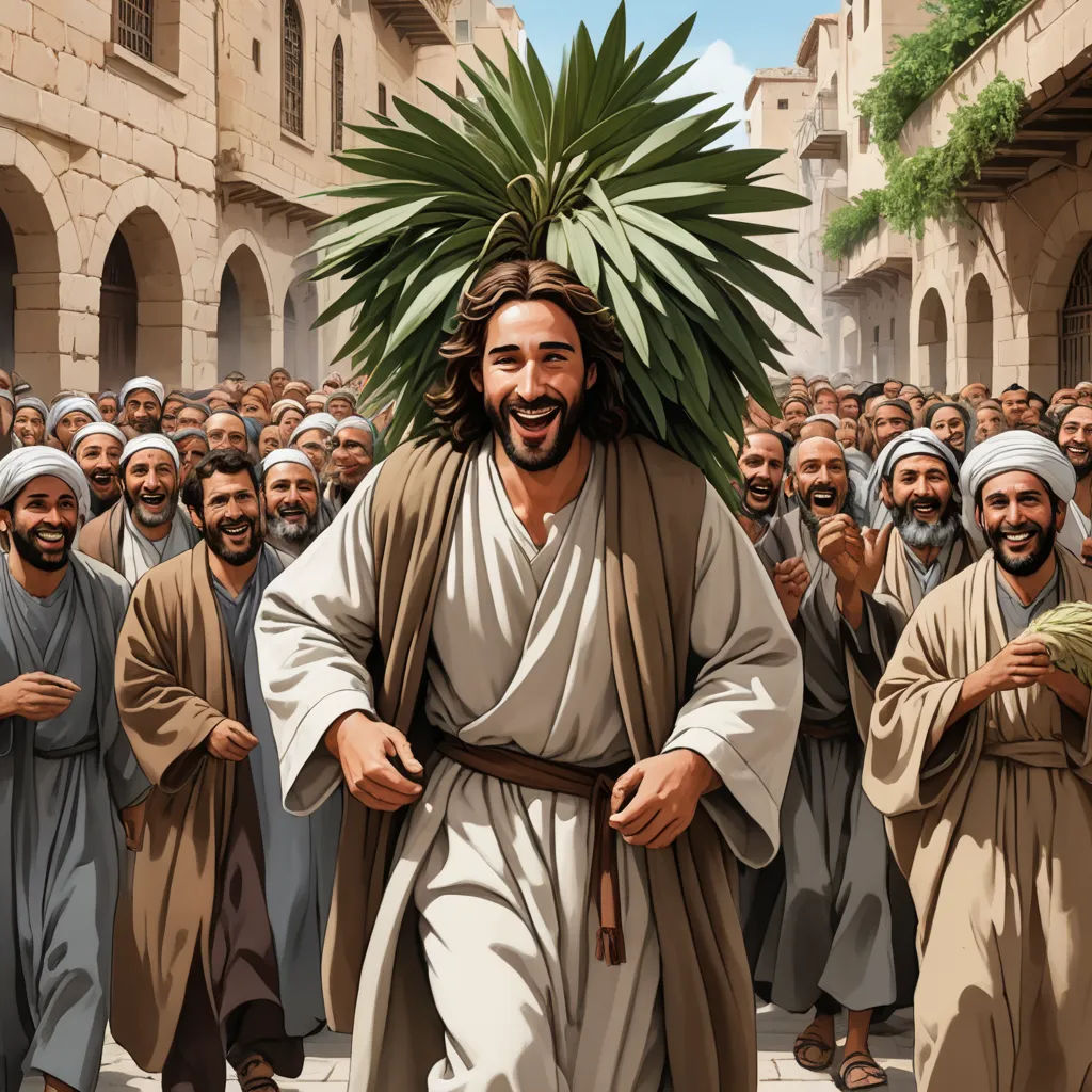 a painting of jesus walking with a group of people behind him in a courtyard of a building with a palm tree on his head, excessivism, an illustration of, F Scott Hess, official art