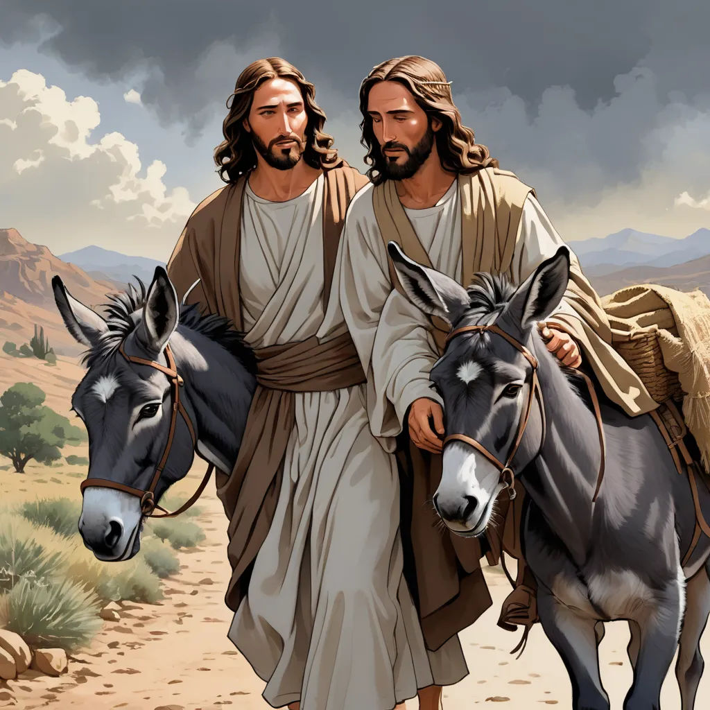 a painting of jesus walking with two donkeys in the desert with a man in a robe on the back, figurative art, a storybook illustration, Brothers Hildebrandt, highly detailed digital painting