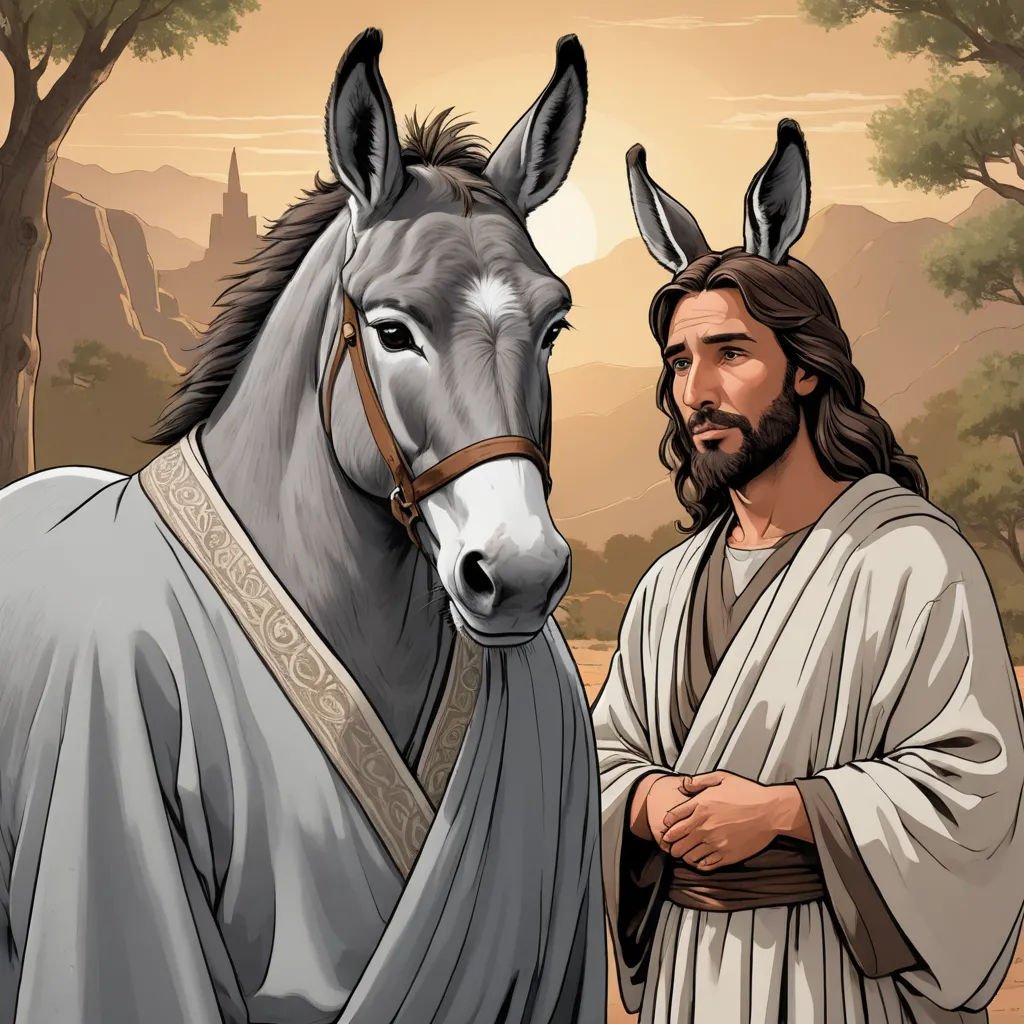 a man standing next to a donkey in a forest with trees and a mountain in the background with a sky, furry art, a storybook illustration, F Scott Hess, graphic novel