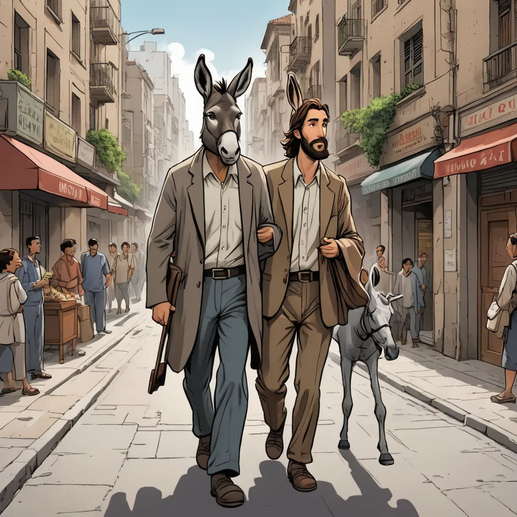 a man and a donkey walking down a street in a city with people walking by on the sidewalk and a donkey walking down the street, furry art, poster art, Asaf Hanuka, official art