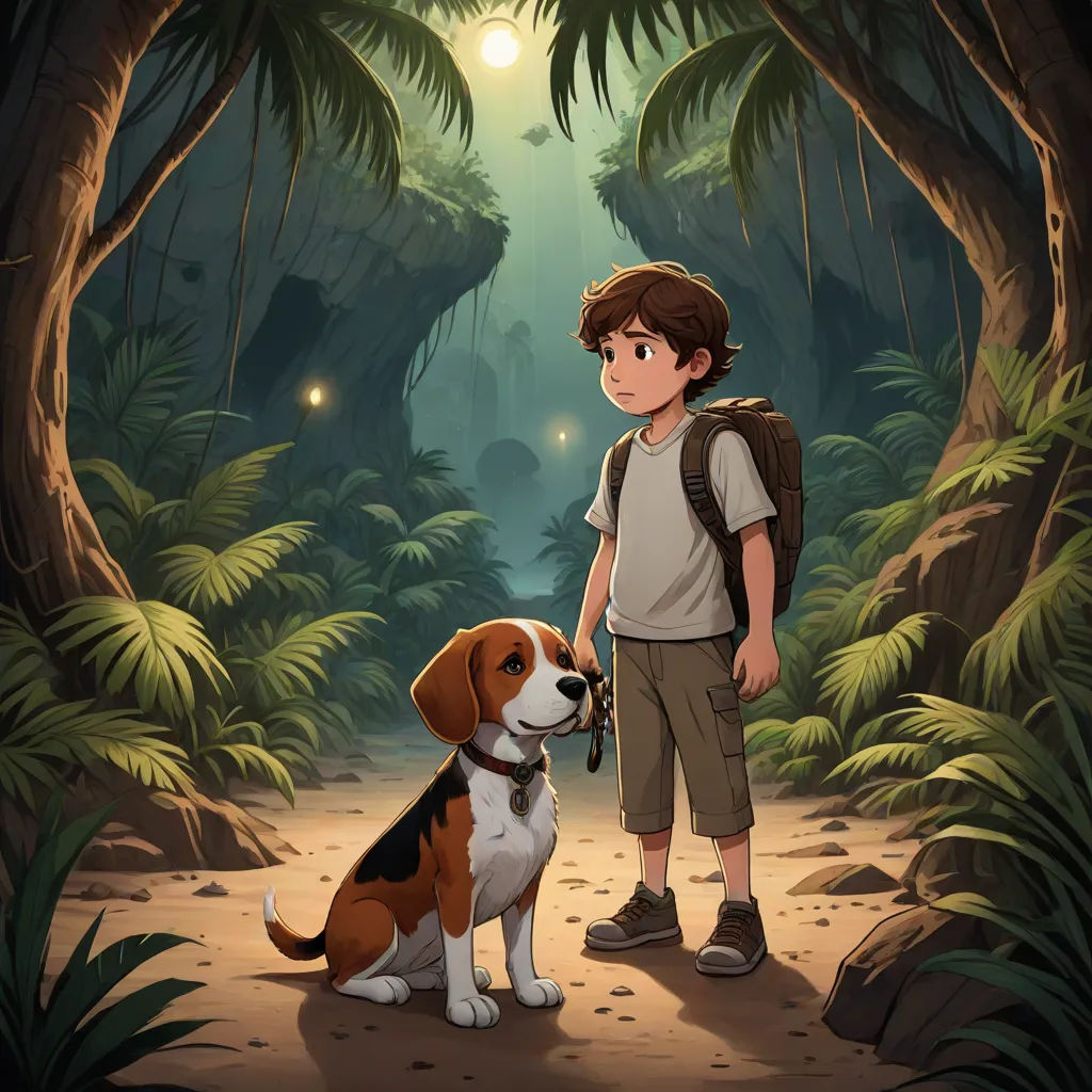 a boy and his dog in the jungle at night time illustration by alex krapfer for the children's book the jungle, furry art, a storybook illustration, Diego Gisbert Llorens, official art