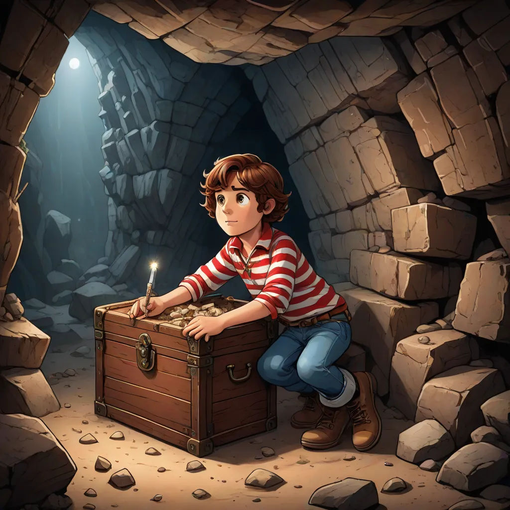 a boy sitting on a trunk in a cave with a candle in it and a flashlight in his hand, serial art, a storybook illustration, Cliff Childs, rossdraws global illumination