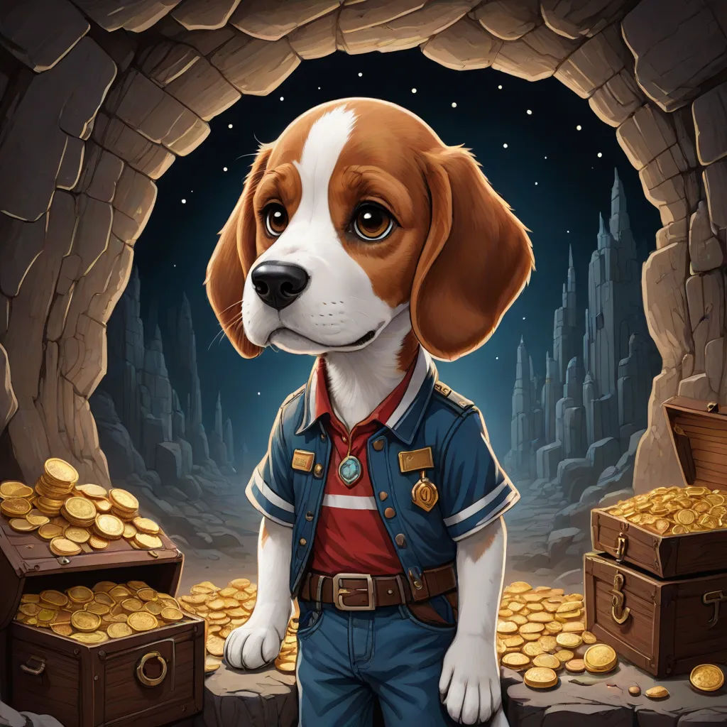 a dog is standing in front of a cave with gold coins and a chest of gold coins in it, serial art, a character portrait, Chris LaBrooy, key art