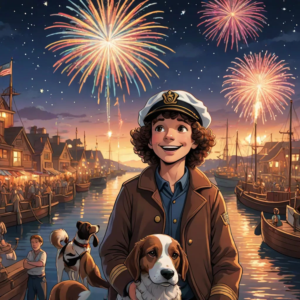 a boy in a sailor's outfit holding a dog and fireworks in the sky above a river with boats and boats, naive art, a storybook illustration, Bob Byerley, comic cover art