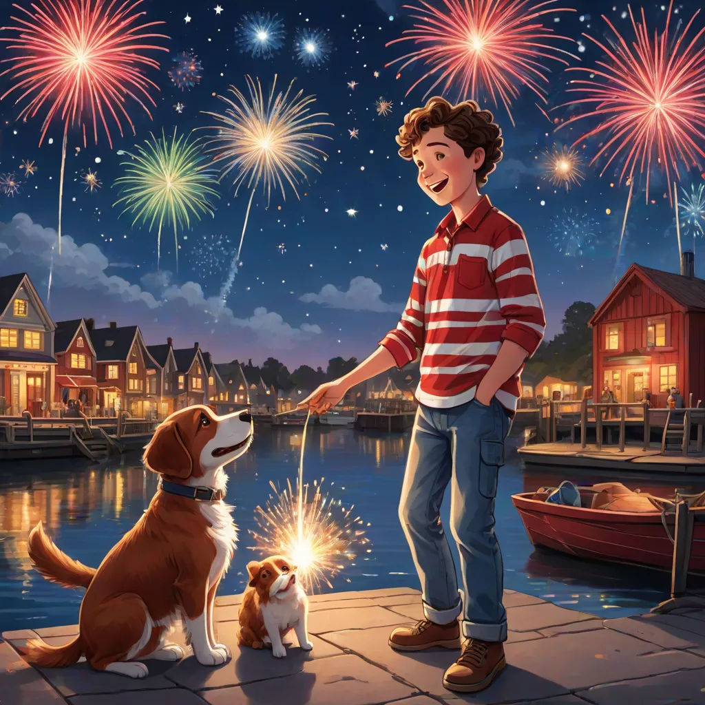 a boy and his dog are watching fireworks go off in the sky over a harbor with boats and boats, american scene painting, a storybook illustration, Bob Byerley, kinkade