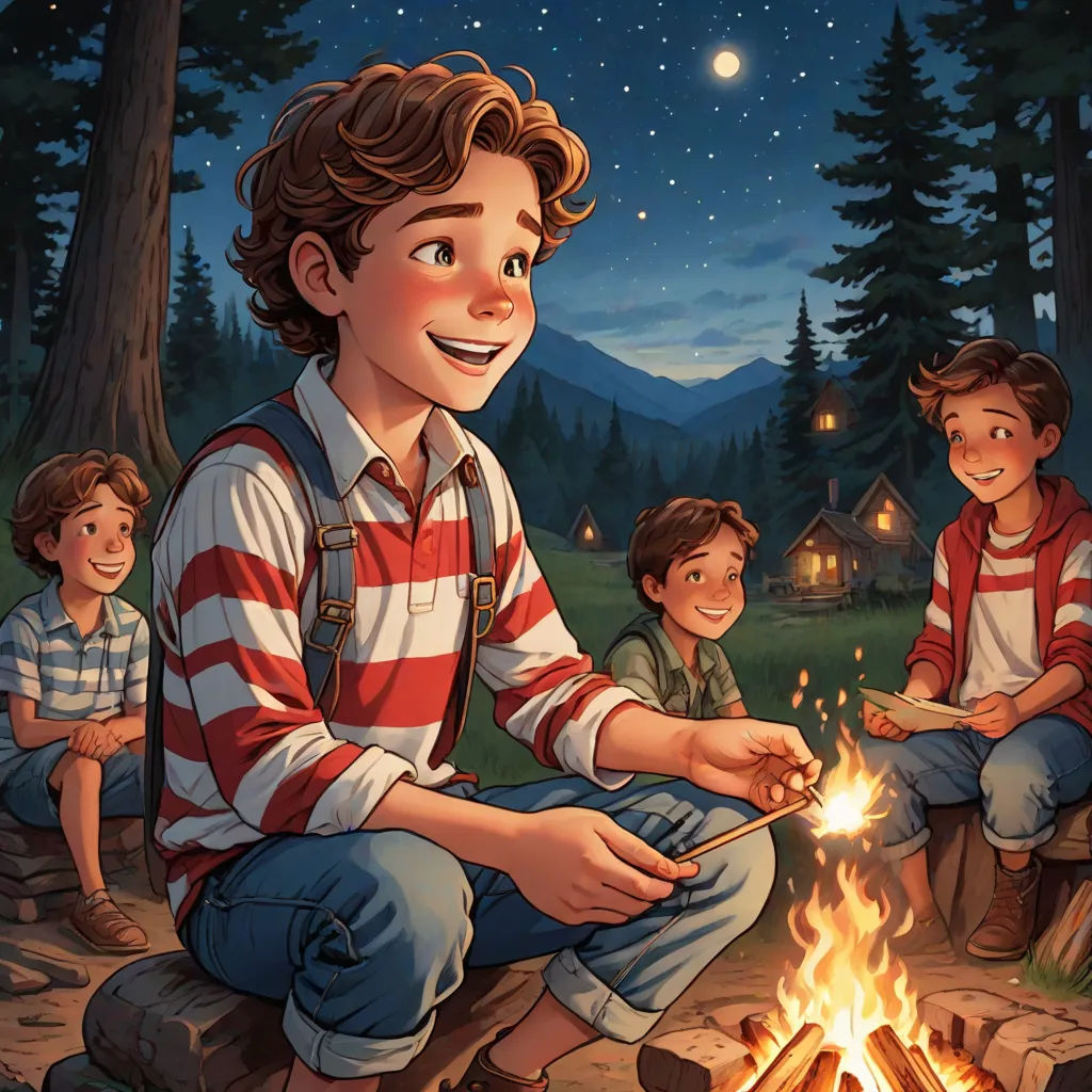 a boy sitting on a log next to a campfire with two boys standing next to him and a campfire in the background, american scene painting, a storybook illustration, Aaron Jasinski, official art