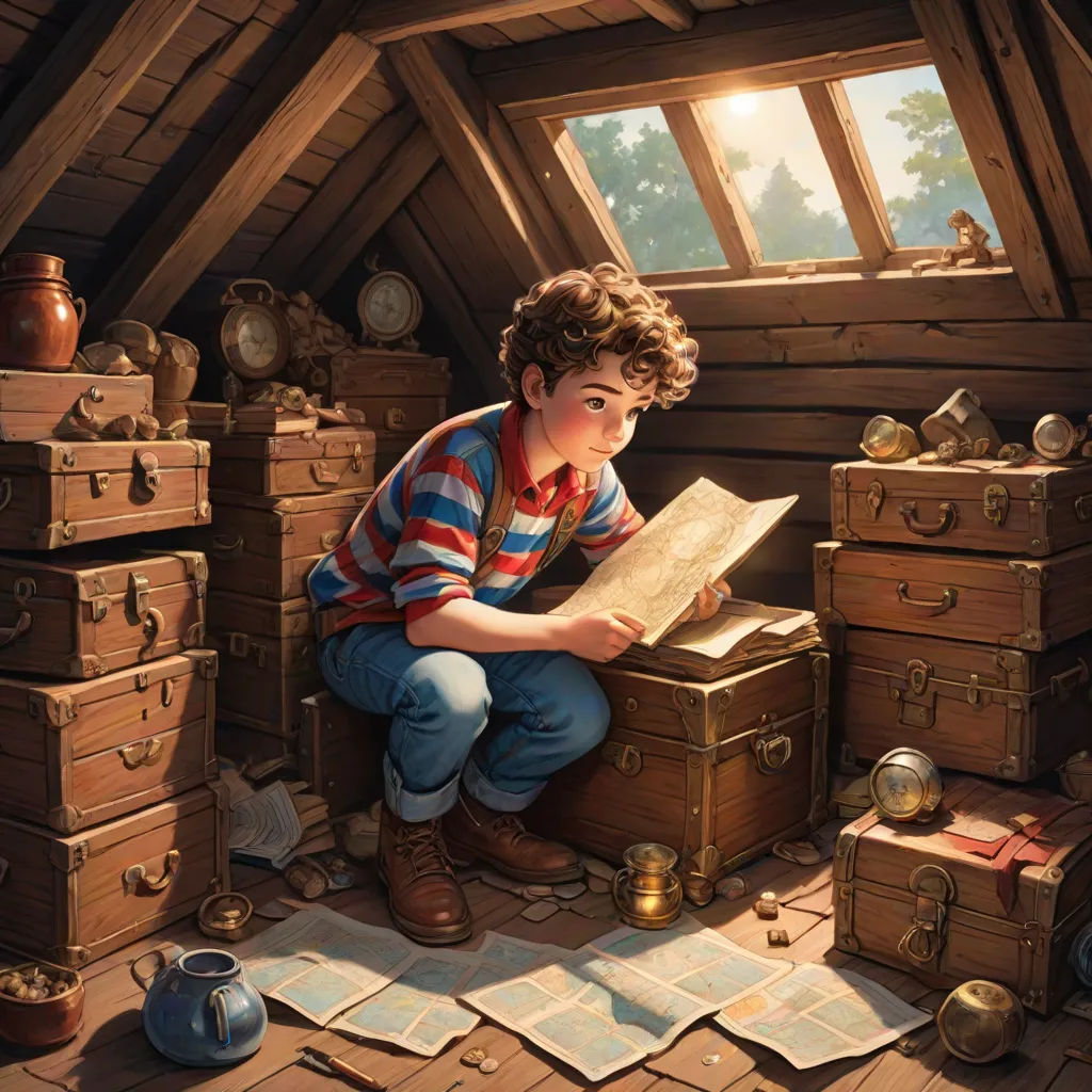 a boy sitting on a chest of drawers reading a book in a attic with a window above him and a teapot and a teapot, altermodern, a storybook illustration, Clint Cearley, rossdraws global illumination