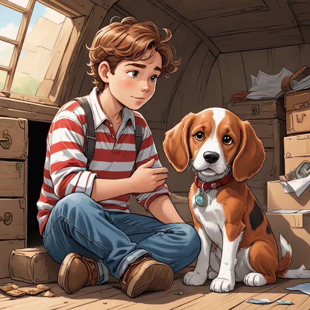 a boy sitting on the floor next to a dog with money in his mouth and a box of money in his lap, furry art, a storybook illustration, Cliff Childs, storybook illustration