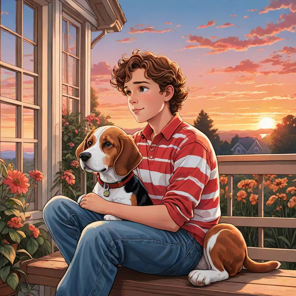 a boy sitting on a porch with a dog in his lap and a sunset in the background behind him, american scene painting, a comic book panel, Brothers Hildebrandt, kinkade