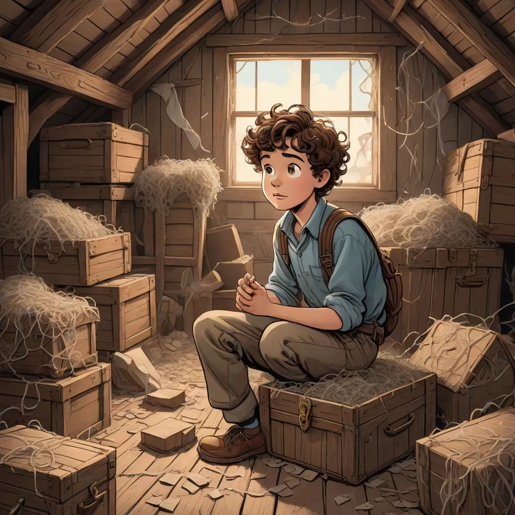 a boy sitting on a crate in a room filled with boxes and hay bales, with a window in the background, fantasy art, a storybook illustration, Cedric Seaut (Keos Masons), official art