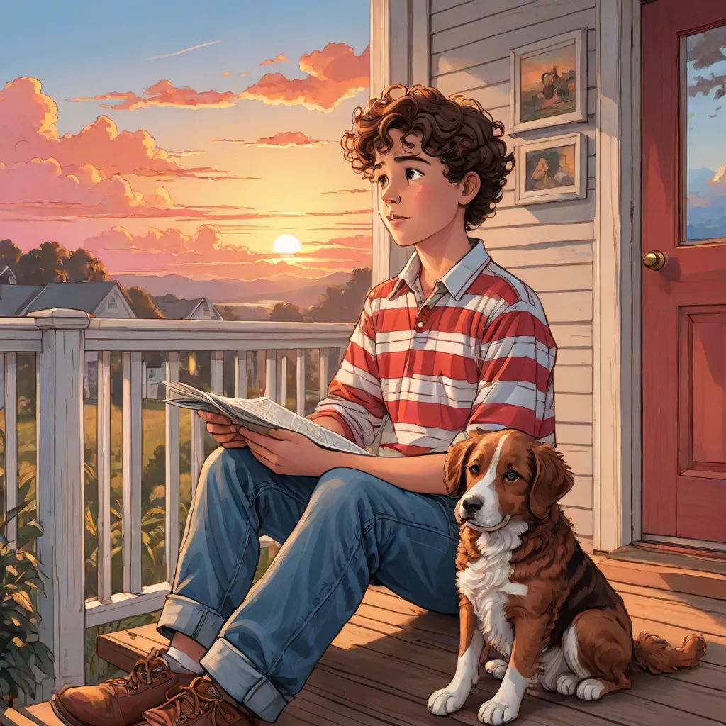 a boy sitting on a porch with a dog and a book in his hand and a sunset in the background, american scene painting, a storybook illustration, Bob Byerley, kinkade