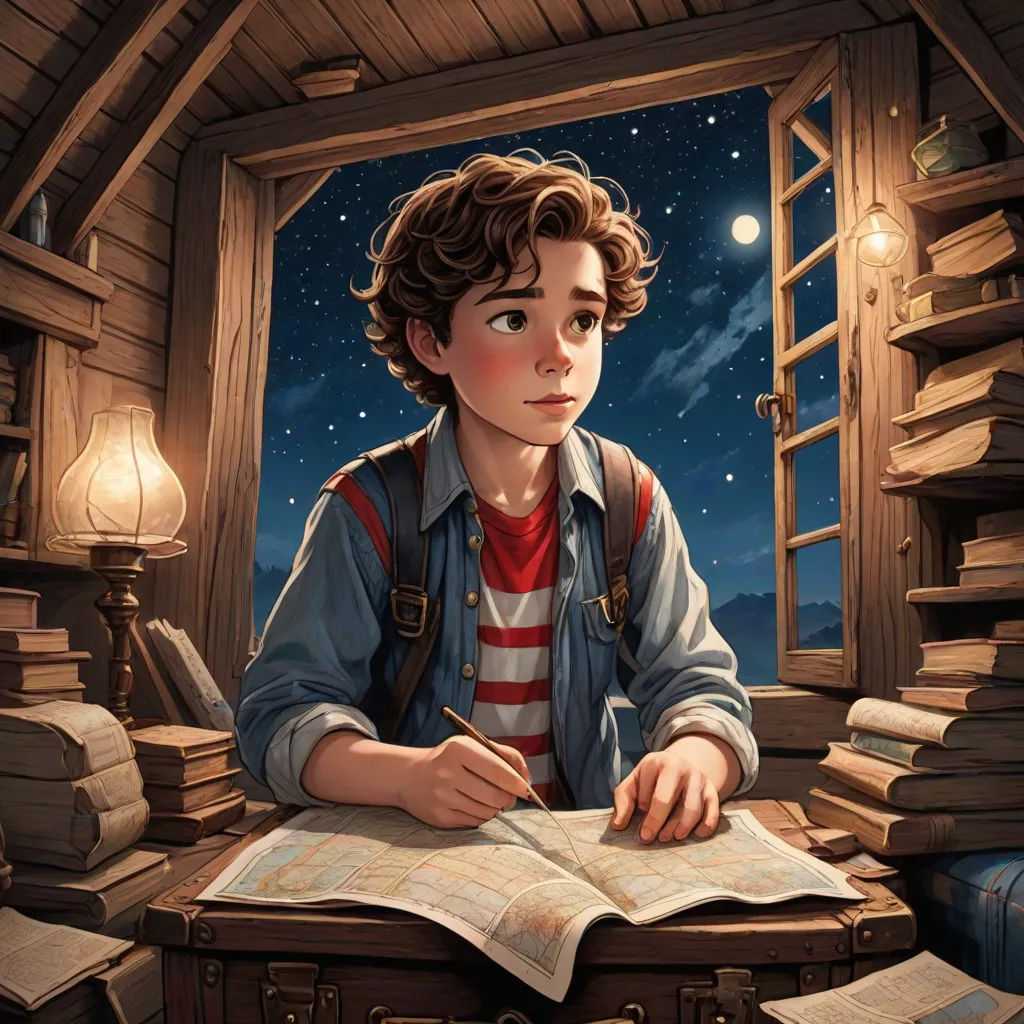 a boy sitting at a desk with a book and a pen in his hand and a window in the background, fantasy art, a storybook illustration, Cliff Childs, rossdraws global illumination