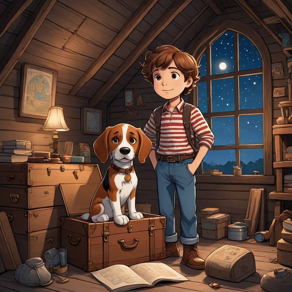 a boy standing next to a dog in a room with a window and a book on the floor and a book on the floor, fantasy art, a storybook illustration, Diego Gisbert Llorens, storybook illustration