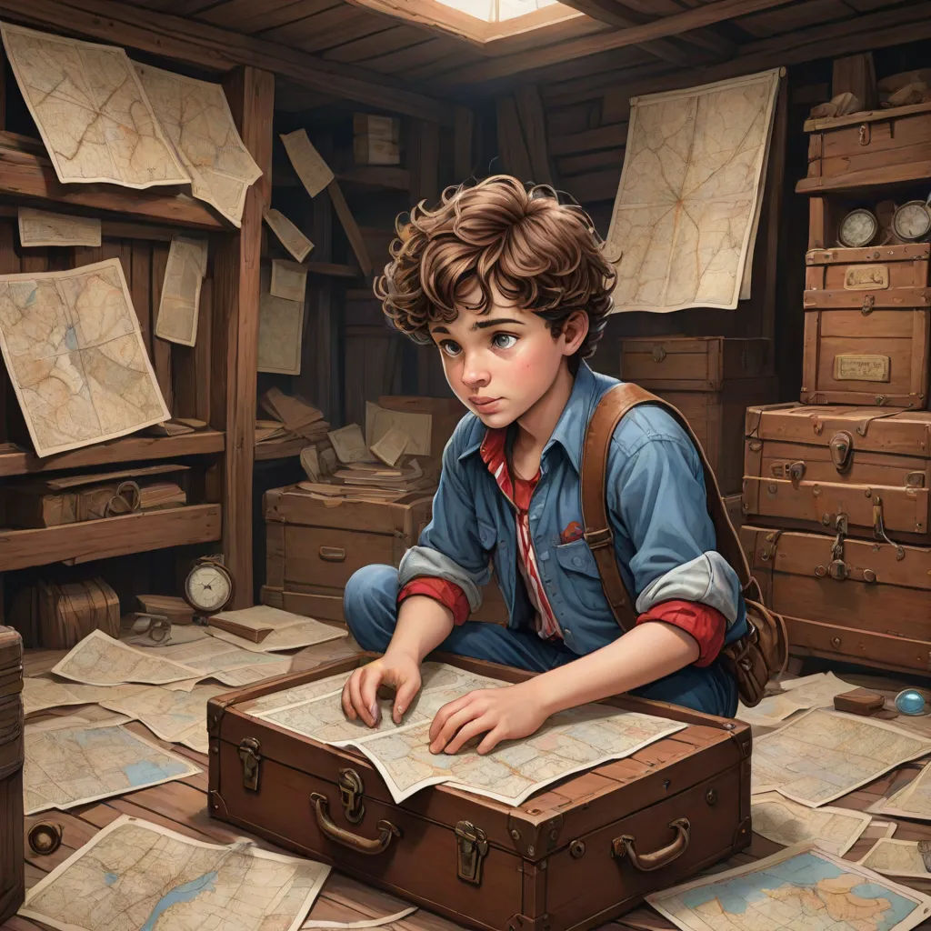 a boy sitting on a suitcase in a room filled with maps and boxes of papers and a clock on the wall, fantasy art, a detailed matte painting, Diego Gisbert Llorens, rossdraws global illumination