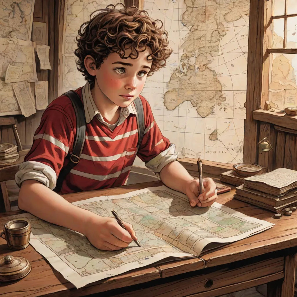 a boy sitting at a desk with a book and pen in his hand and a map on the table, fantasy art, a storybook illustration, Bob Byerley, stanley artgerm lau