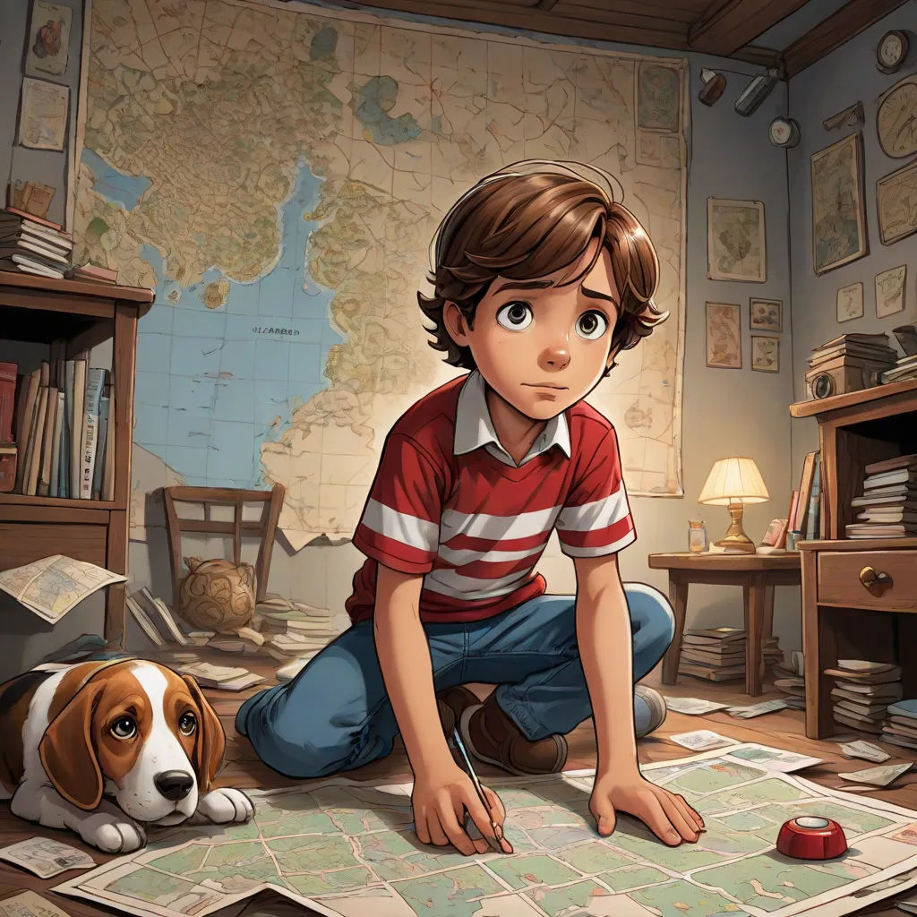 a boy and his dog are sitting on the floor in a room with a map and a lamp on, photorealism, a storybook illustration, Alejandro Burdisio, rossdraws global illumination