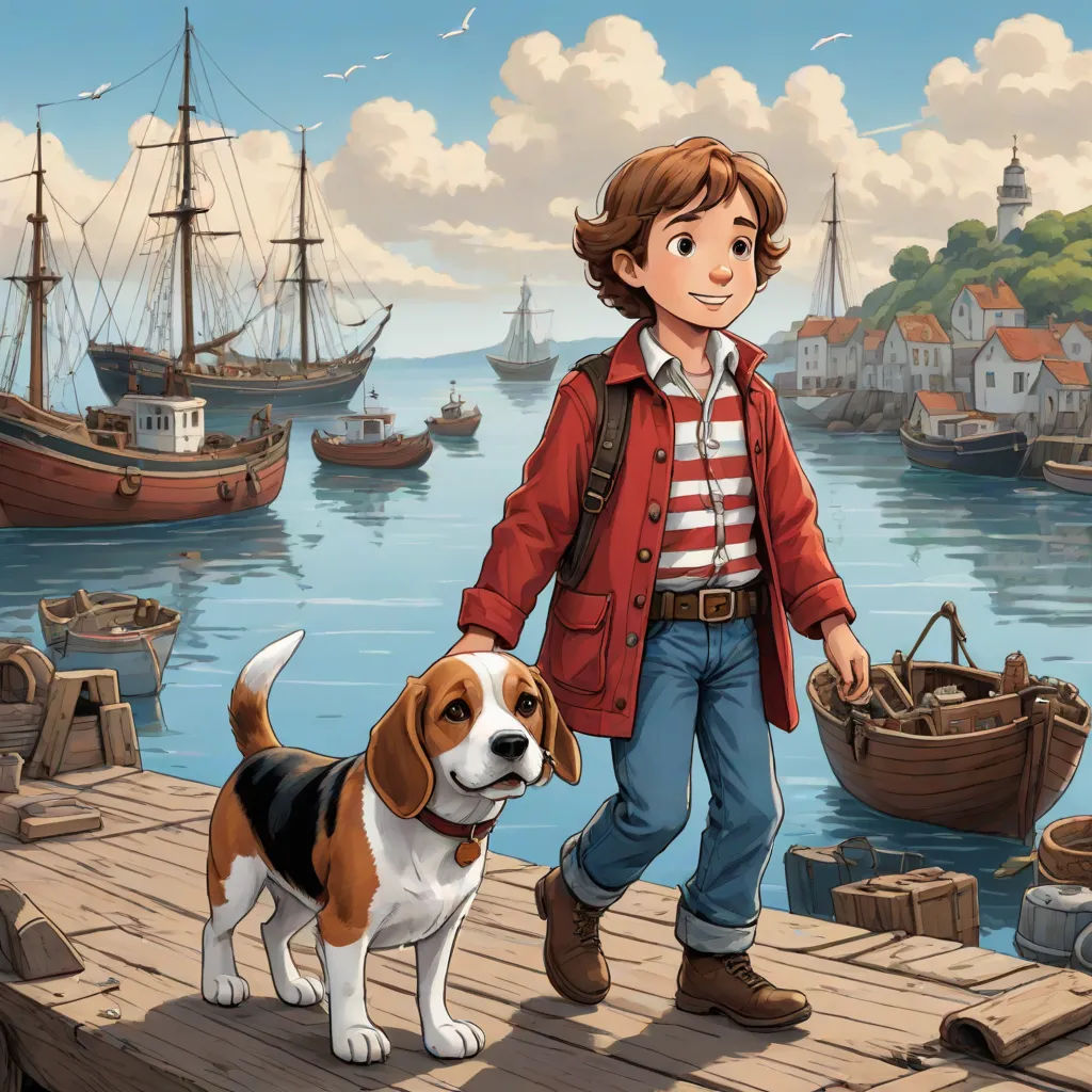 a boy and his dog are standing on a dock near a boat and a harbor with ships in the background, american scene painting, a storybook illustration, Bob Byerley, kinkade
