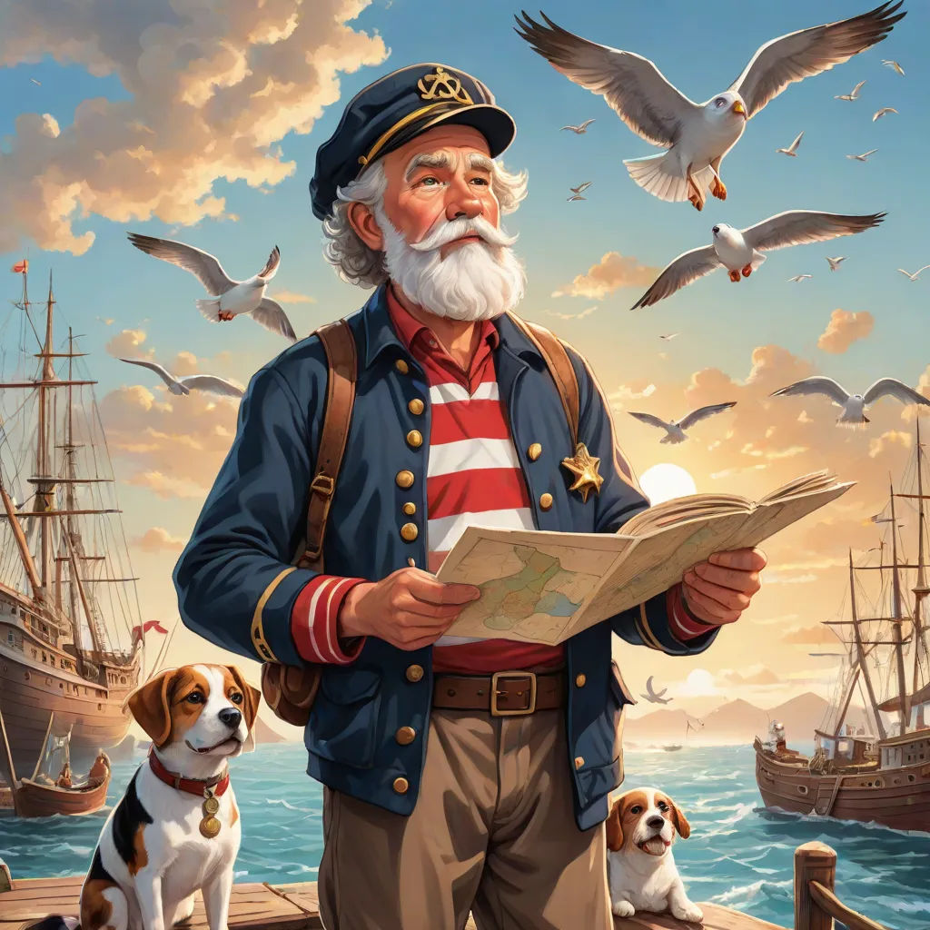 a man with a beard and a beard is standing on a dock while holding a map and a dog is looking at him, american scene painting, a detailed painting, Bob Byerley, kinkade