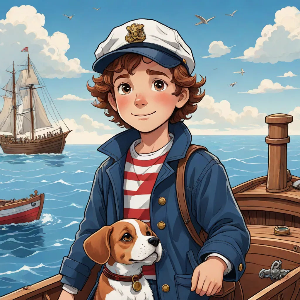 a boy in a boat with a dog on his lap and a ship in the background with a sailboat, lyco art, a character portrait, Cliff Childs, key art