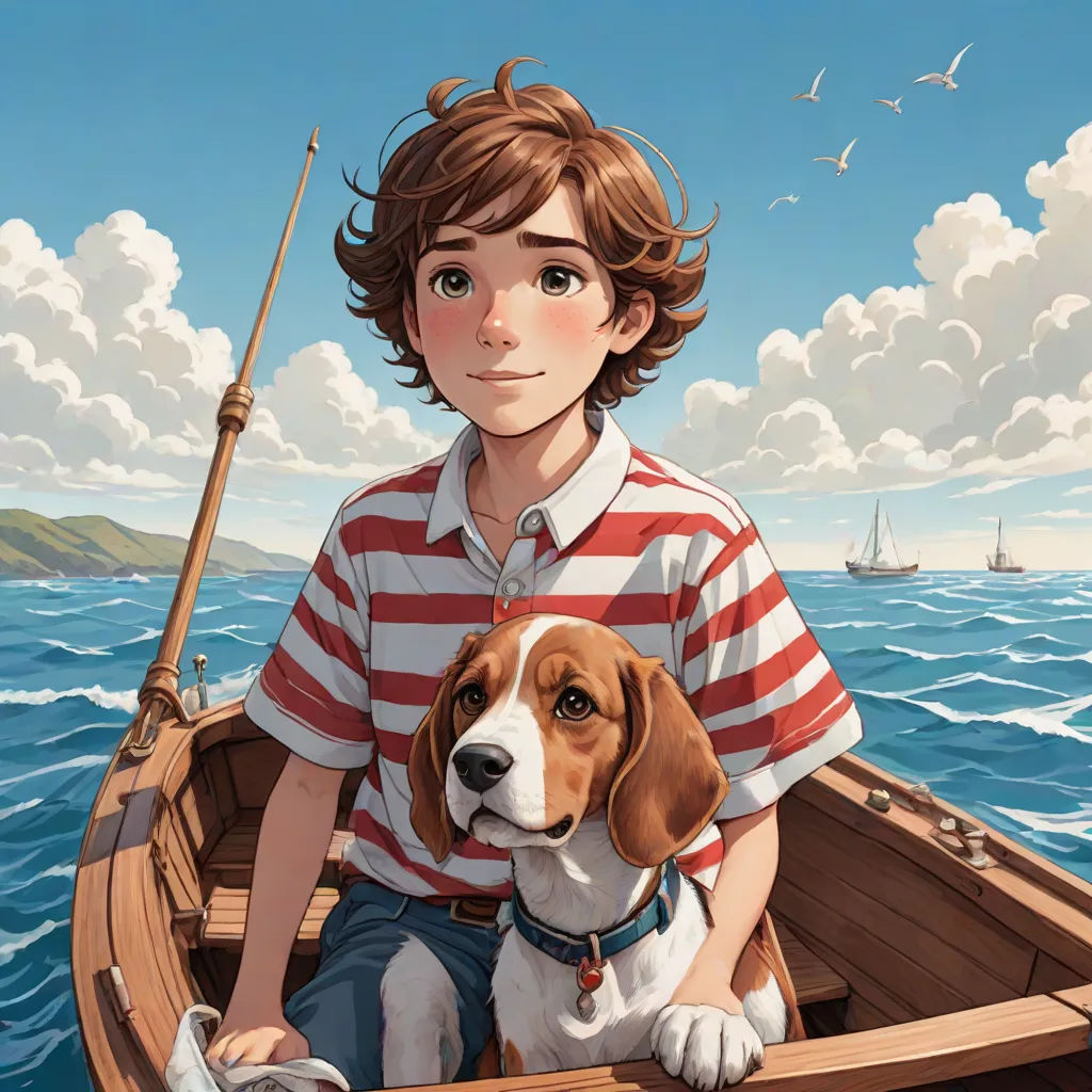a boy and his dog are sitting in a boat on the water with a fishing rod in his hand, american scene painting, a storybook illustration, Aaron Jasinski, official art