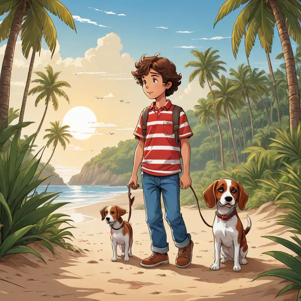 a boy and two dogs on a beach near the ocean with palm trees and a sunset in the background, sots art, a storybook illustration, Cliff Childs, key art