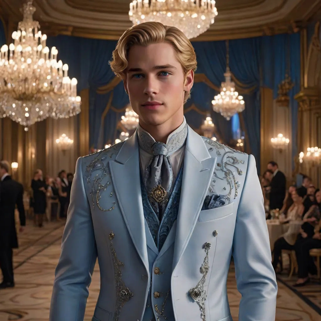 a man in a blue suit and tie standing in a room with chandeliers and chandeliers, rococo, a character portrait, Edward Clark, j. c. leyendecker 8 k