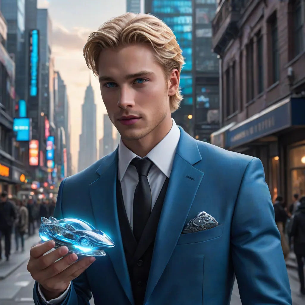 a man in a suit holding a futuristic object in his hand in a city street at night time with people walking around, retrofuturism, a hologram, Cedric Seaut (Keos Masons), futuristic