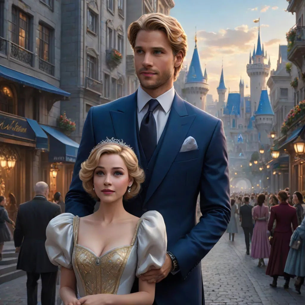 a man and woman in formal wear standing in front of a castle at night with people walking around them, magical realism, a detailed matte painting, disney, official art