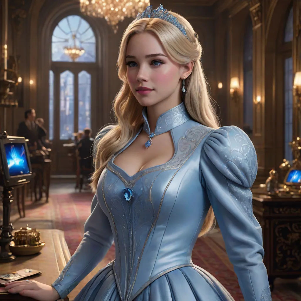 a woman in a blue dress standing in a room with a table and a chandelier on it, rococo, a character portrait, Constance-Anne Parker, rossdraws global illumination