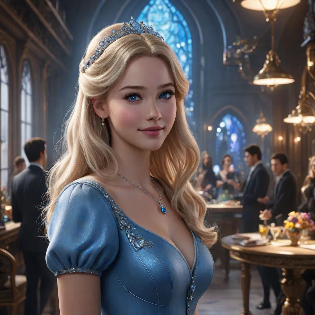 a woman in a blue dress standing in a room with a table and chairs and a man in a suit, photorealism, a digital rendering, Anna Katharina Block, rossdraws global illumination