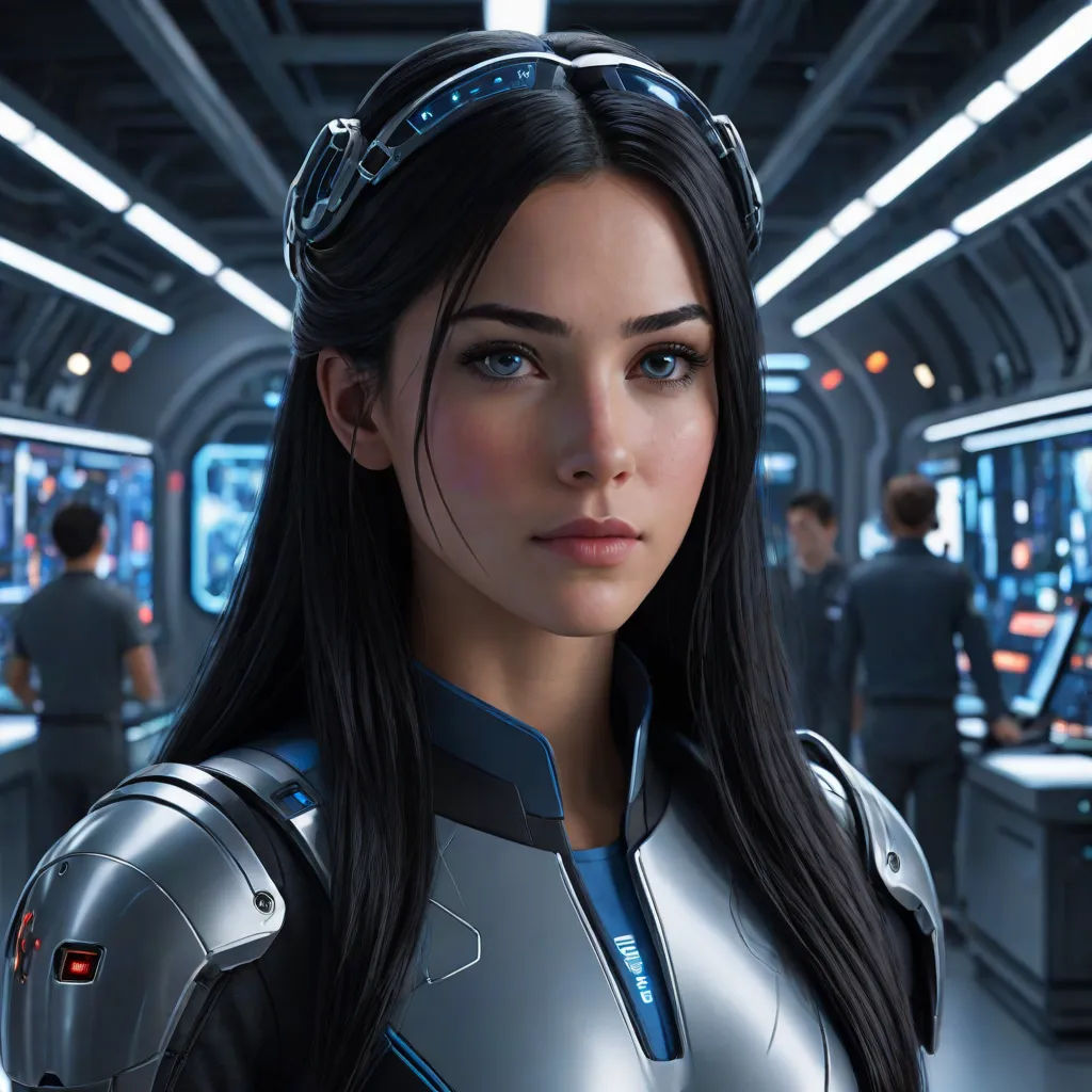 a woman in a futuristic suit standing in a room with other people in the background and a sci - fi theme, computer art, a computer rendering, Cedric Peyravernay, cgstudio