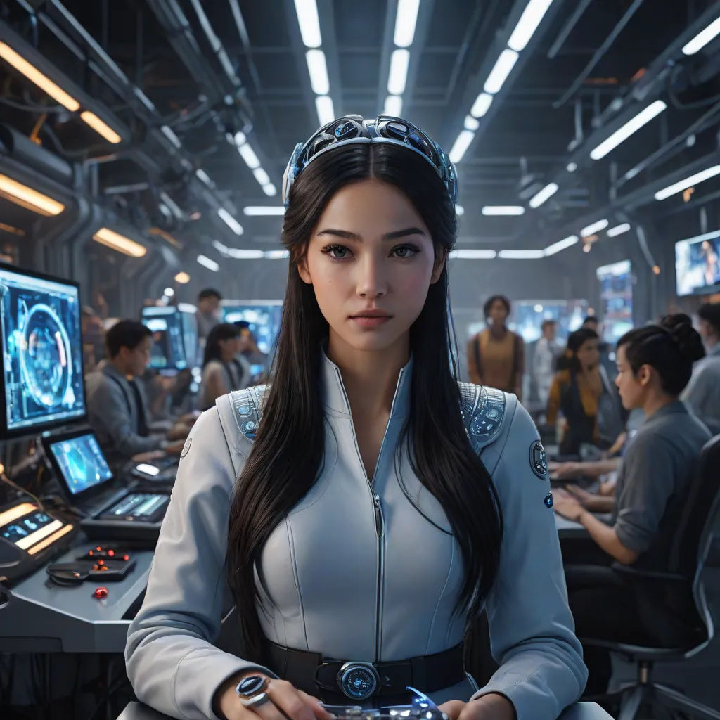 a woman in a sci - fi outfit is holding a camera in a sci - fi setting with other people, retrofuturism, computer graphics, Du Qiong, cgstudio