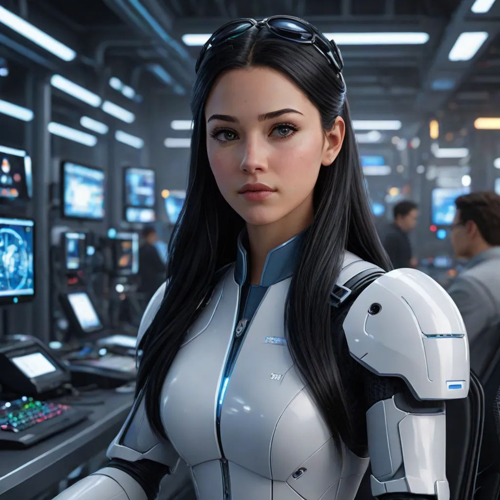 a woman in a futuristic suit standing in front of a computer screen and a control panel in a room with other people, computer art, a computer rendering, Cedric Peyravernay, cgstudio